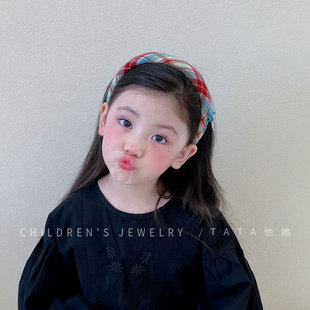 复古红蓝格纹高颅顶海绵发箍儿童小女孩气质头箍压发气质百搭头饰