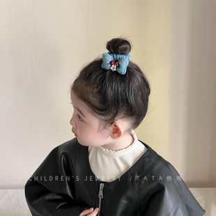 甜酷ins牛仔米奇闪钻蝴蝶结发圈宝宝丸子头简约可爱小肠发绳头饰