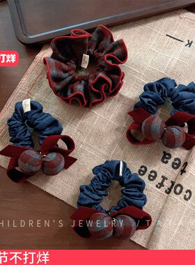 韩系复古红色格纹发绳秋冬儿童丸子头头花扎马尾发饰新年发圈头饰