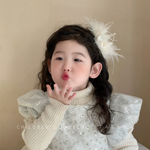 儿童白色羽毛皇冠发夹女童仙美气质头饰花童走秀表演生日礼服配饰