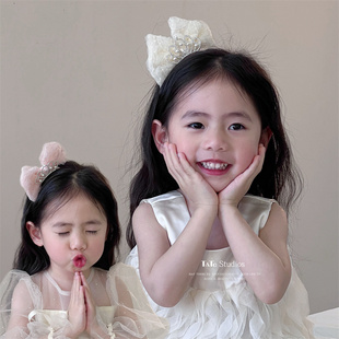 米色儿童公主皇冠发夹生日顶夹头饰女宝宝甜美波点立体蝴蝶结发卡