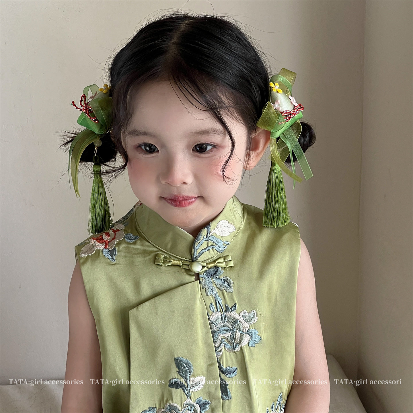端午节儿童粽子蝴蝶结流苏发夹国风女童汉服头饰宝宝绿色飘带夹子