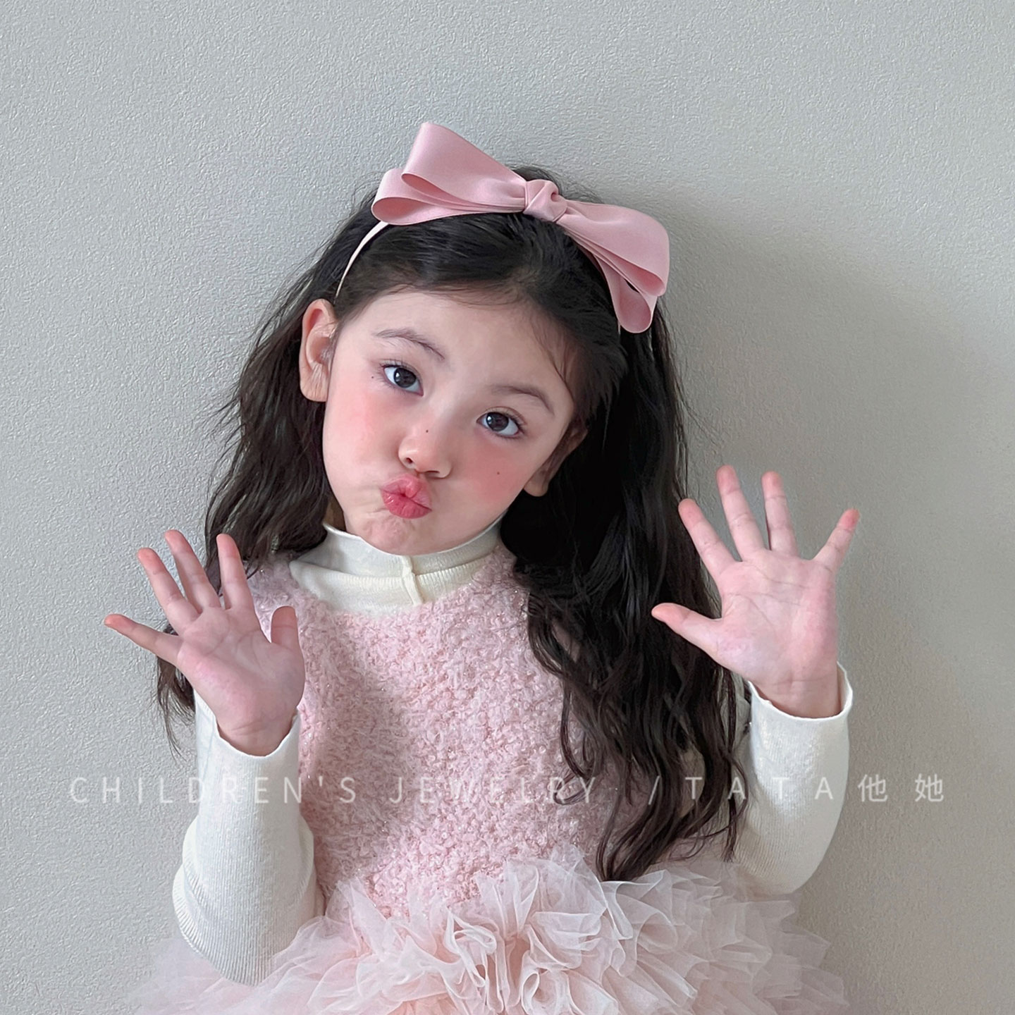 韩国粉色双层蝴蝶结发箍