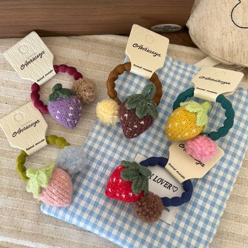 儿童可爱针织毛球草莓发圈