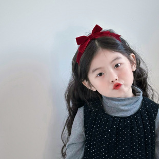 新年款 酒红色丝绒立体蝴蝶结儿童高级感复古新年气质头箍女童发卡