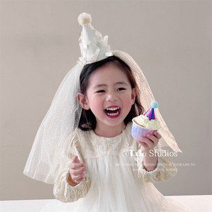 宝宝生日帽子头纱发箍儿童女童六一周岁女孩发卡氛围感party发饰
