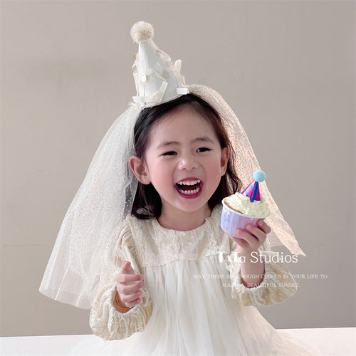 宝宝生日帽子头纱发箍儿童女童六一周岁女孩发卡氛围感party发饰