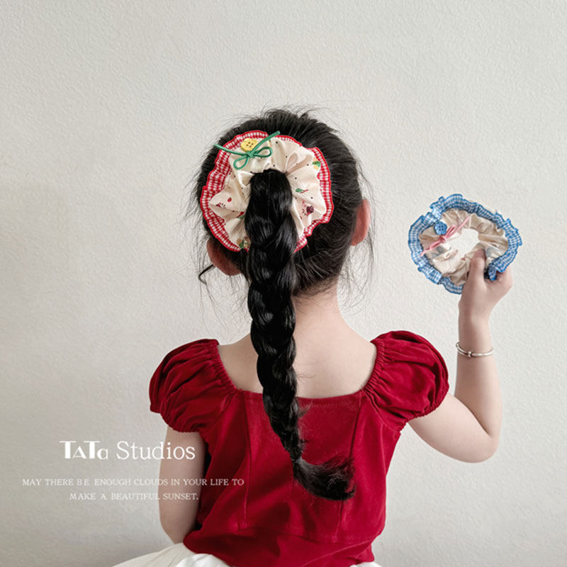 樱桃小熊格纹花边大肠发圈儿童红色蝴蝶结纽扣布艺发绳皮筋头绳