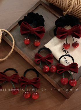 新年儿童红色过年喜庆发夹女孩樱桃蝴蝶结头绳女童丸子头发饰发圈