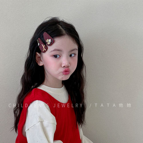 学院风格纹三角kt猫bb夹儿童女童发饰合金蝴蝶结后脑勺发夹侧边夹