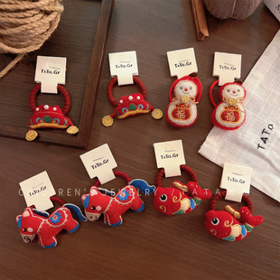 新年马年红色儿童刺绣头绳儿童古风锦鲤吉祥扎头发皮筋发绳发饰品