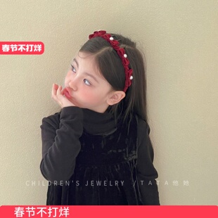新年红色绒面发箍带齿防滑蝴蝶结爱心珍珠款小女孩洋气不勒头头箍