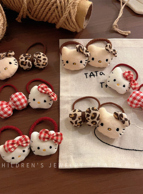 红色毛绒豹纹猫咪蝴蝶结发圈儿童可爱对扎皮筋女宝宝漂亮皮筋发圈