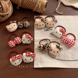 红色毛绒豹纹猫咪蝴蝶结发圈儿童可爱对扎皮筋女宝宝漂亮皮筋发圈