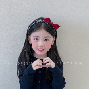 韩系儿童秋冬红色布艺兔耳朵发箍基础撞色发饰学院风深色格纹头箍