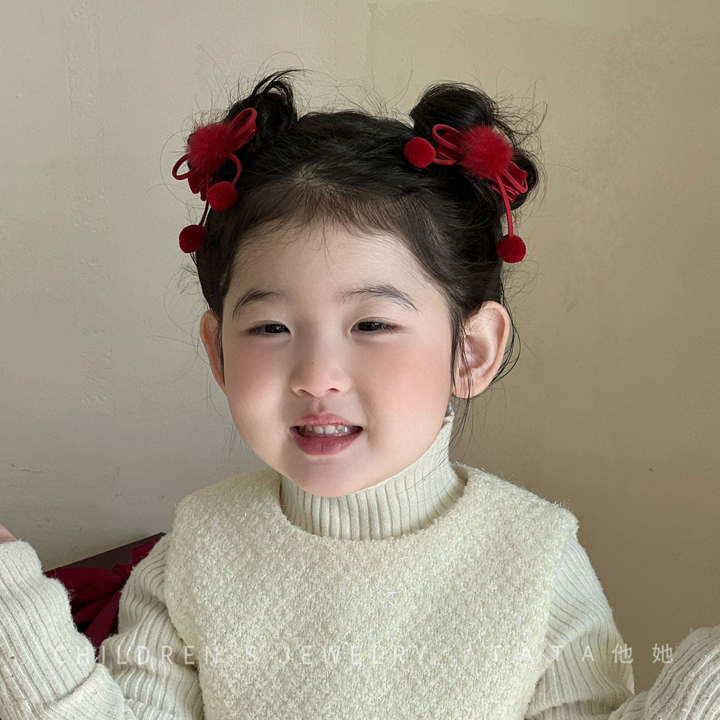 韩系儿童发饰秋冬毛绒球发夹女童红色喜庆对夹宝宝不伤发发卡头饰