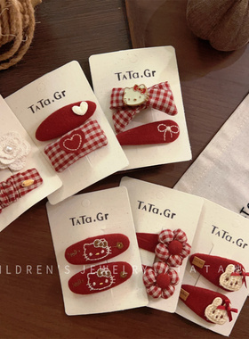 新年红色刺绣kt猫花朵bb夹蝴蝶结发夹小女孩发卡掰掰夹刘海夹边夹