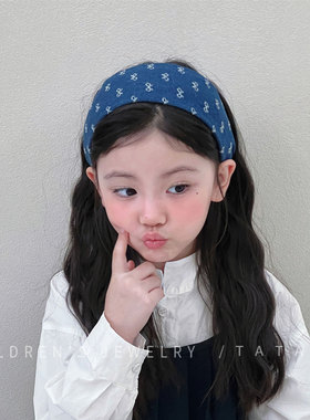 复古牛仔蓝色宽版刺绣印花发箍小女孩碎发不勒头简约时尚洋气头箍