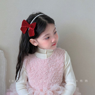 韩式 甜美珍珠发箍新年酒红蝴蝶结女童公主不勒头过年洋气头箍头饰