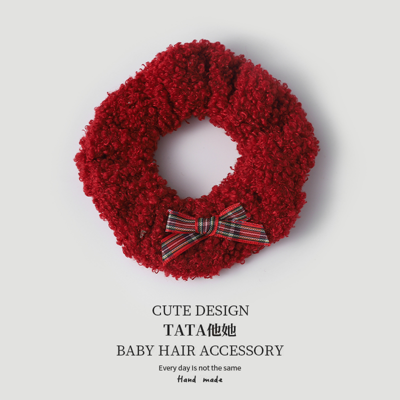 红色大肠发圈女童新年发绳丸子头皮筋儿童头绳秋冬毛绒羊羔毛头饰