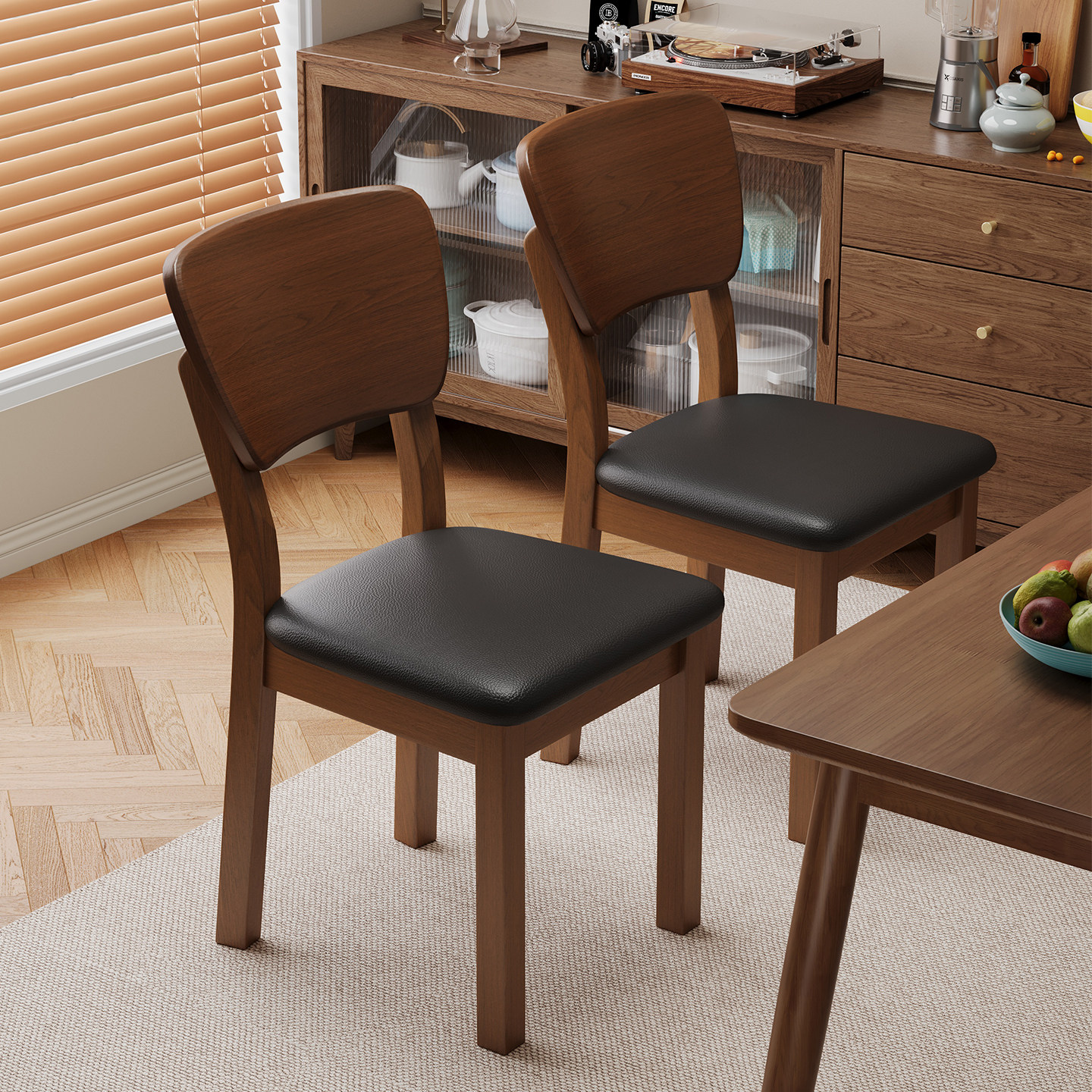 餐椅家用胡桃木色靠背椅中古实木椅餐厅吃饭餐桌椅子木头软包凳子