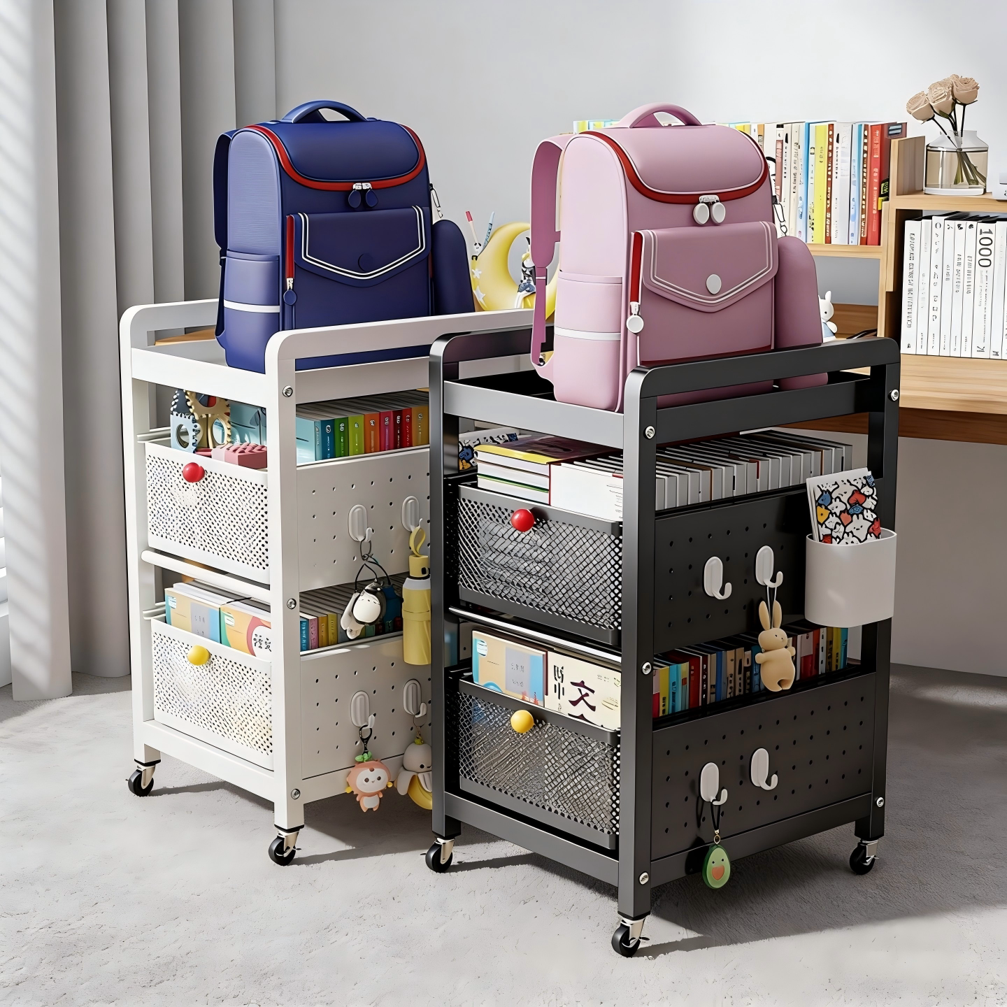书包置物架办公室带轮收纳架子学生可用移动书架多功能桌下小推车