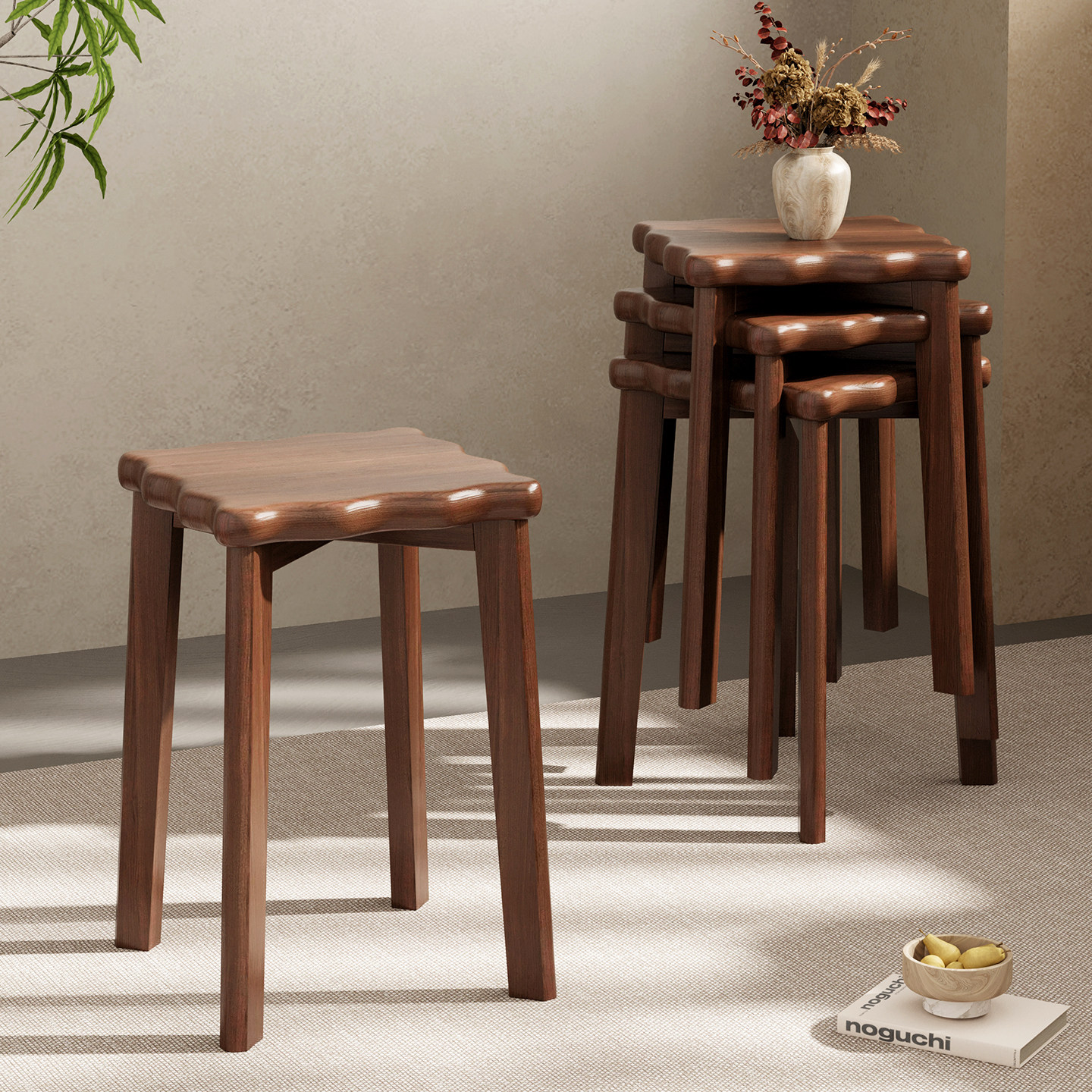 纯实木凳子家用可叠放收纳客厅备用餐桌凳结实耐用木头堆叠方板凳