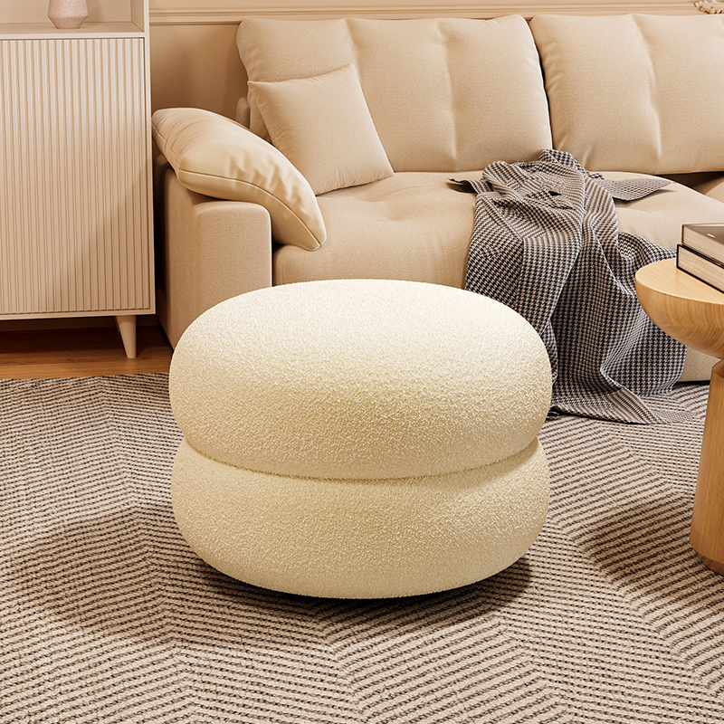 万虎奶油风矮凳家用羊羔绒圆凳