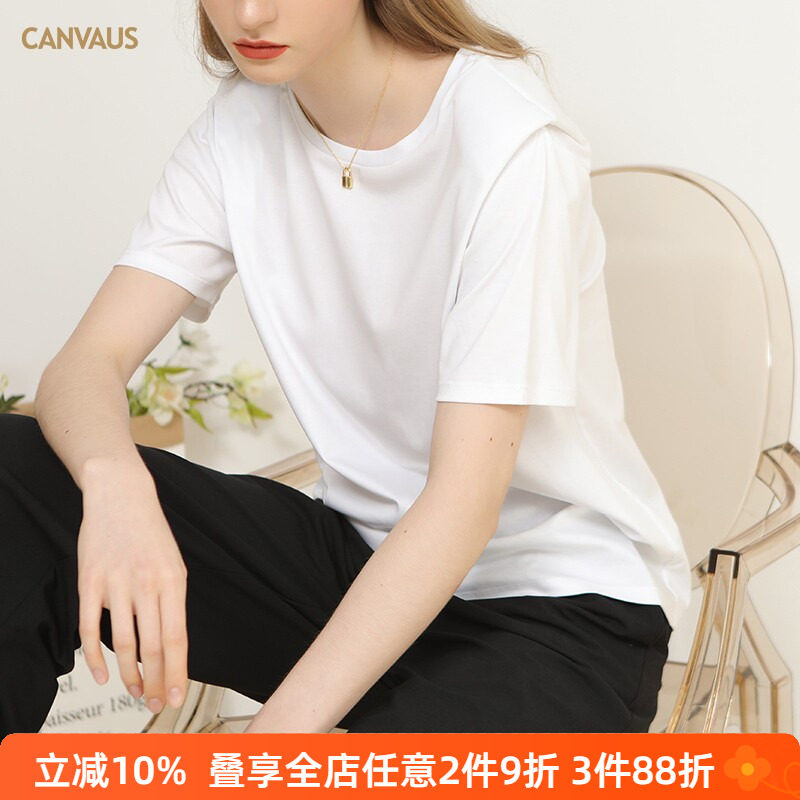 多宝仕棉质港味复古白色短袖t恤女纯色韩版夏季圆领宽松垫肩上衣