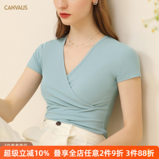 多宝仕小众设计纯色紧身显瘦打底衫 t恤深v领性感上衣夏 女针织短袖