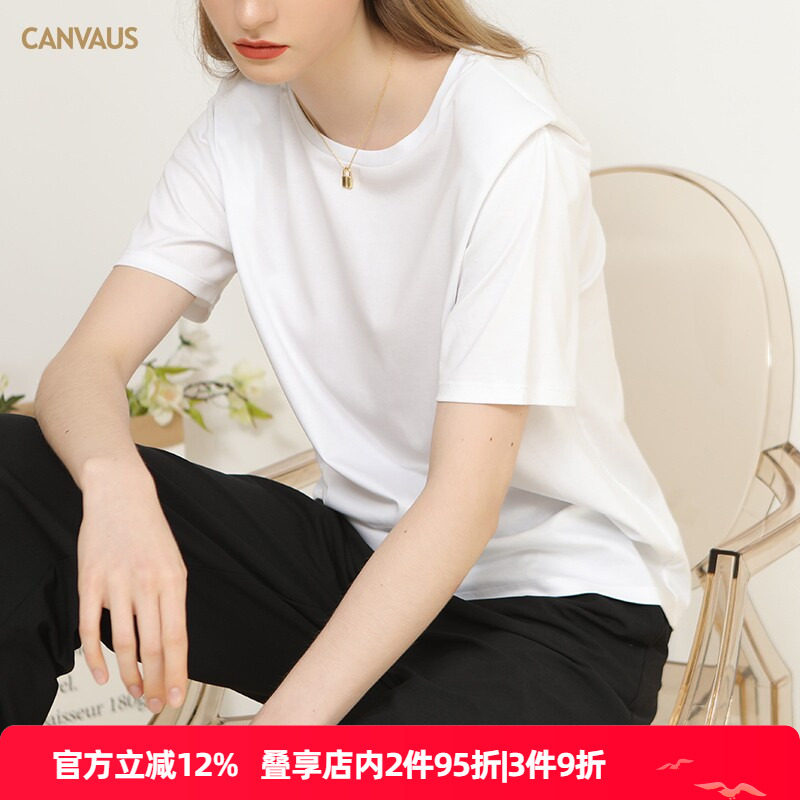 多宝仕棉质港味复古白色短袖t恤女纯色韩版夏季圆领宽松垫肩上衣