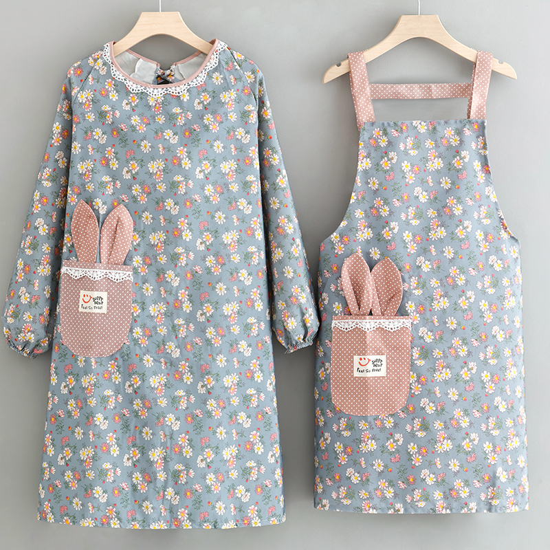 长袖可擦手帆布围裙女防水围腰