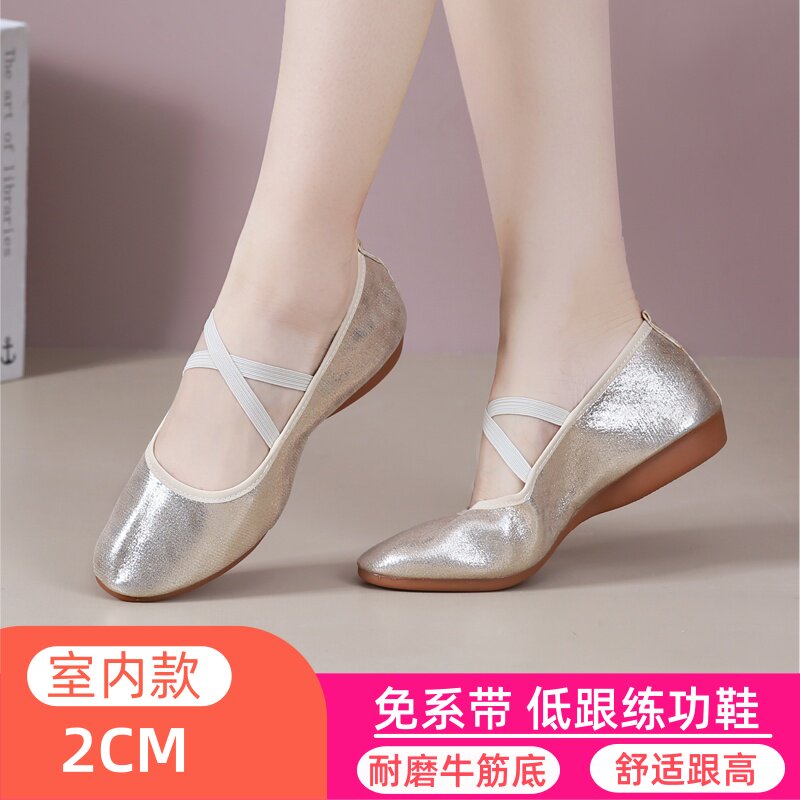 金色磨砂舞蹈鞋女成人软底练功鞋带跟教师鞋民族古典舞户外跳舞鞋