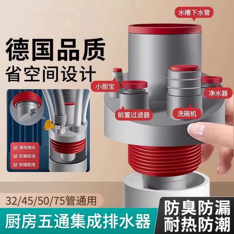 厨房下水管三通防返臭洗菜盆水槽排水管道洗碗机净水器防虫分水器