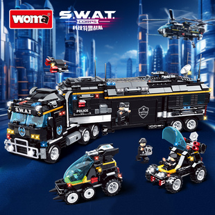 沃马积木科技特警战队作战指挥车城市警察武装运输机拼装男孩玩具