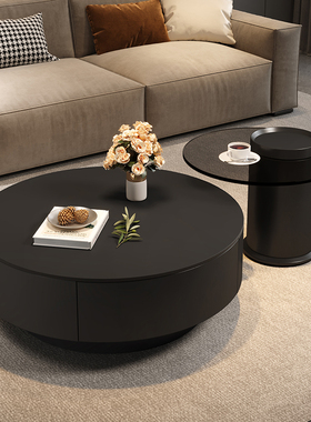 岩板茶几2025新款轻奢高级感客厅家用小户型现代黑色圆形茶几组合
