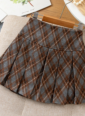 女童半身裙百褶裙冬季格子毛呢洋气短裙百搭高腰中大童女孩裙子