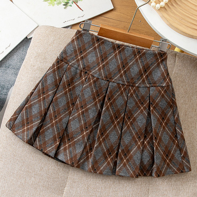女童半身裙百褶裙冬季格子毛呢洋气短裙百搭高腰中大童女孩裙子