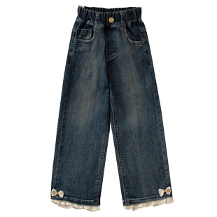 女童直筒牛仔裤加绒秋冬2025新款洋气微弹冬季儿童阔腿裤花边裤子