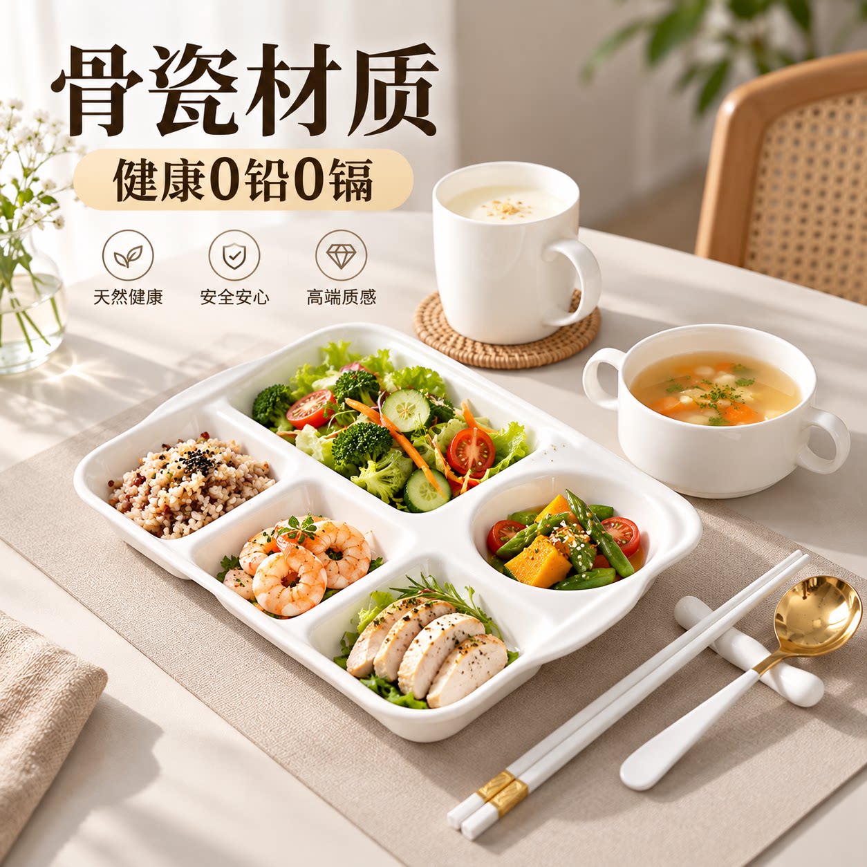 健康骨瓷分餐盘大人减肥分格盘餐具分隔餐盘早餐盘陶瓷盘子家用