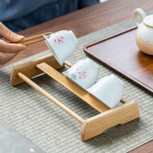竹制功夫茶杯收纳架单层晾杯架茶具沥水置物架实木杯托茶道配件