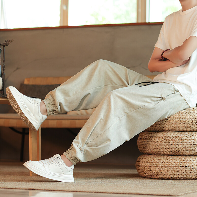 束脚裤男中国风盘扣设计棉麻裤子潮流夏季透气宽松休闲阔腿哈伦裤