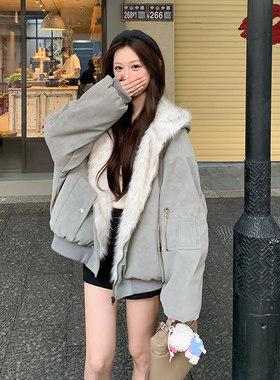双面穿座山雕连帽外套女冬季加厚保暖美式复古麂皮加绒夹克皮草