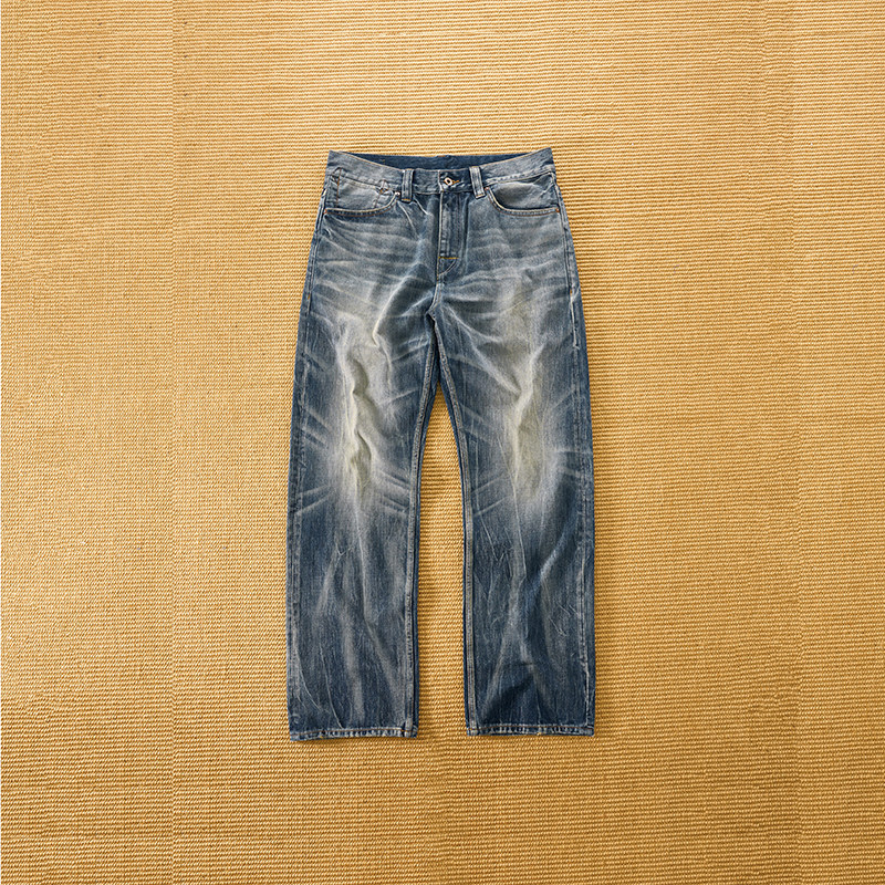 复古冰蓝水洗做旧百搭直筒牛仔裤