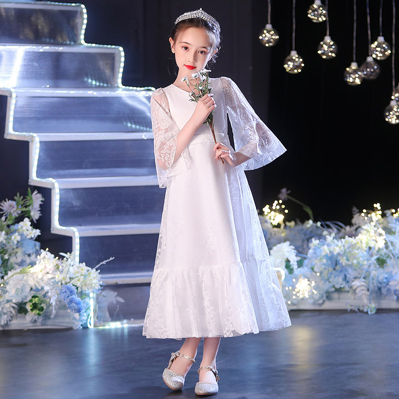 花童婚礼小女孩礼服女童夏高端白色儿童公主裙钢琴演出服长袖秋季