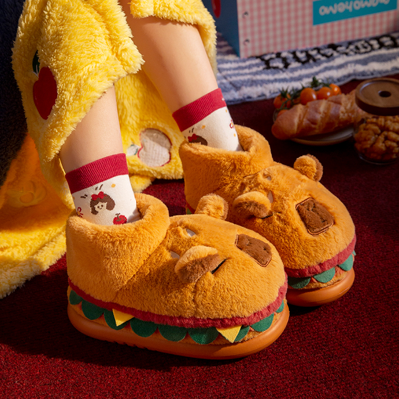 可爱汉堡棉拖鞋高帮情侣冬季保暖