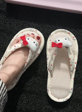 亚麻人字拖鞋女款夏季新款可爱卡通猫咪玩偶居家防滑网红夹脚拖鞋