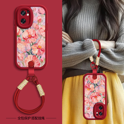 复古花瓣适用opporeno7手机壳Reno6pro小羊皮reno5/4/3新款5K夏季斜挎挂绳新年4se女款5G软壳oppo网红硅胶