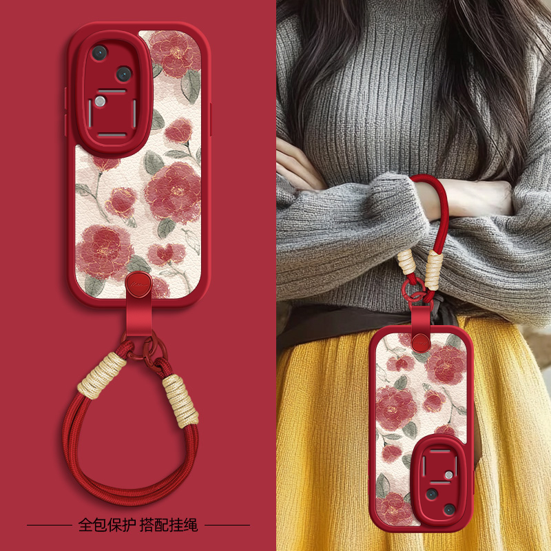 红玫瑰花适用vivos20手机壳s19pro保护套s17新款s18e新春新年挂绳可背vivo女款s17e网红s19硅胶软壳por外壳