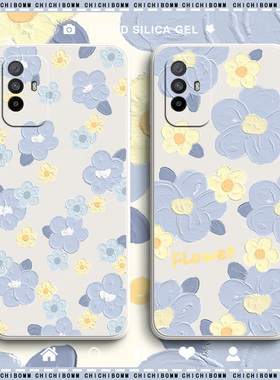 蓝色花朵oppoa96手机壳女款液态硅胶a95油画镜头全包oppoa93防摔a93s保护套个性创意可爱网红潮牌新款情侣